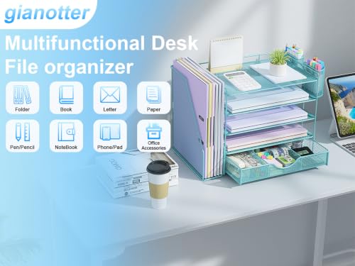 Image of gianotter 5-Tier Desk Organizer with Drawers and File Holders | Letter Trays and Pen Holders - Workspace Accessories for Office Supplies (Blue)