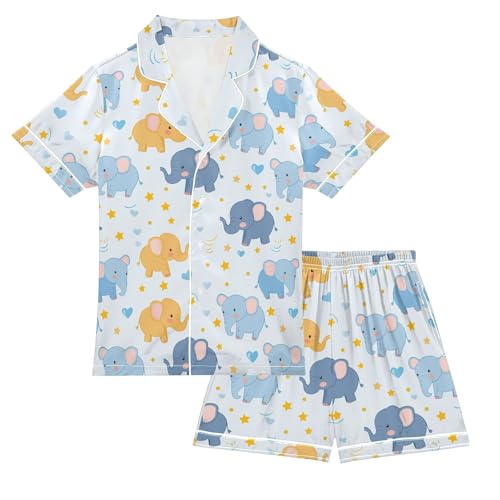 Cartoon Elephant Love Stars Pajamas Set Summer Button Down Sleepwear Pjs Sets Comfy Loungewear