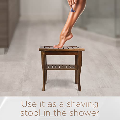 Slimry Design Teak Shower Bench - Solid And Water -Resistant Teak Bench With Storage Shelf Easy To Use Bath Stool With Non-Slip Pads -Assembly Required (Small) #TOP7