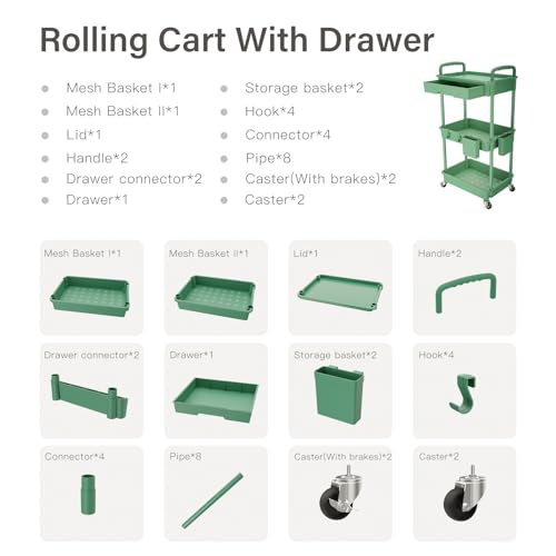 Image of REBECAT 3 Tier Rolling Utility Cart with Drawer,Rolling Storage Cart,Storage Cart for Kitchen,Bathroom,Living Room, Organizer with Iron Wheels(Green)