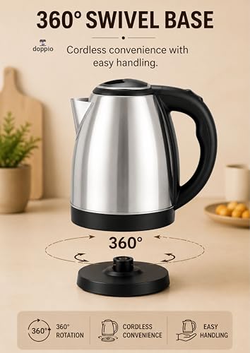 Image of Doppio 2L Stainless Steel Electric Kettle for Tea & Coffee | Fast Boiling Multipurpose Hot Water Kettle with Auto Shut-Off & Boil Dry Protection | 360 Swivel Base | Black & Silver