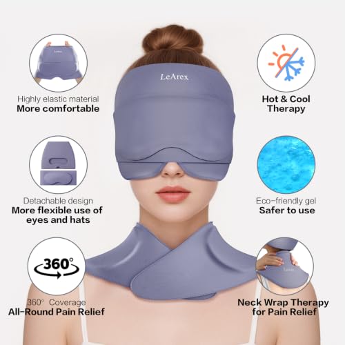 Image of 3 in 1 Migraine Relief Cap Neck Ice Pack Wrap Gel and Ice Eye Masks, Detachable Ice Caps with Eyes Masks, Hot and Cold Therapy for Relief of Headaches, Stiff Neck and Eye Fatigue (Light Grey)
