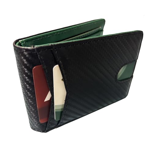 PA-M Wallet for Men with Money Clip RFID Blocking Slim Leather Mens Wallet -Minimalist Bifold Credit Card Holder,Holds 12 Cards,Front Pocket Design-Gift Box. (Carbon Fiber Black + Green)3