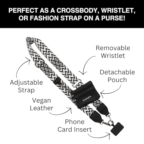 Image of Save the Girls Original Clip and Go Phone Strap Pattern (Chevron - Black /White - Black Pouch) - Crossbody Phone Strap Chain with Zipper Wallet Pouch - Phone Lanyard Zippered