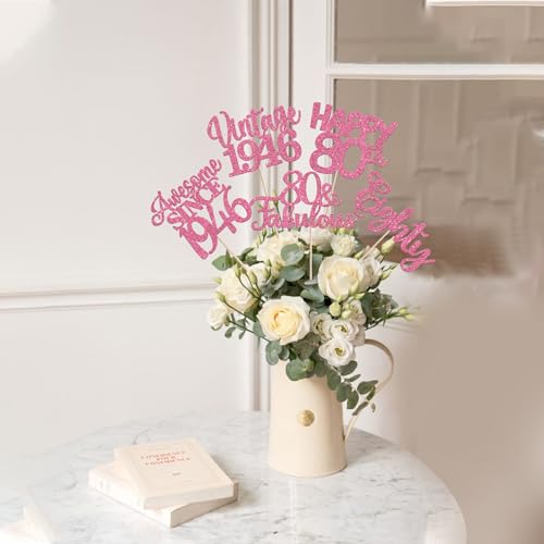 Image of 15 PCS 80th Birthday Centerpiece Sticks Glitter Eighty Happy 80 Vintage 1946 Table Flower Centerpieces Sticks Cheers to 80 Fabulous Floral Decorations for 80th Birthday Party Supplies Pink