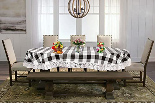 Image of The Furnishing Tree Waterproof PVC Oval Shaped 8 Seater Table Cover WxL 60x90 inches Gingham Pattern Black & White with White Border lace
