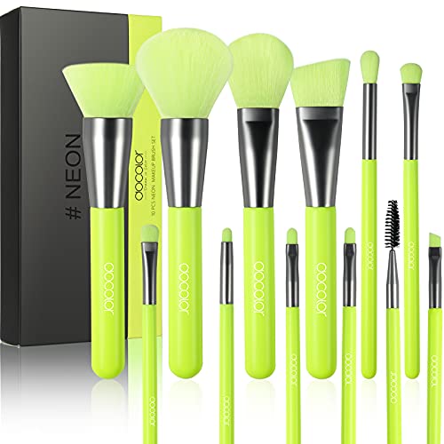 Docolor Makeup Brushes 10Pcs Premium Synthetic Kabuki Foundation Brush Blending Face Powder Blush Concealers Eye Shadows Makeup Brush Set, Neon Green