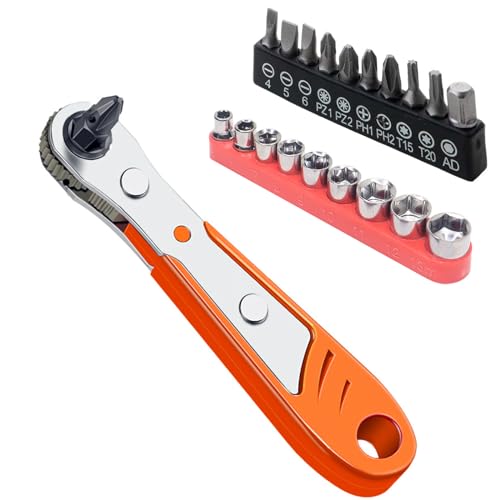Image of 19in1 Right Angle Ratcheting Screwdriver Set，90 Degree Security Bit Set ，Magnetic Right Angle Screwdriver Low Profile，[Bearing Steel] ，36-Tooth Mini Ratchet Wrench, for Tight Spaces, Bike