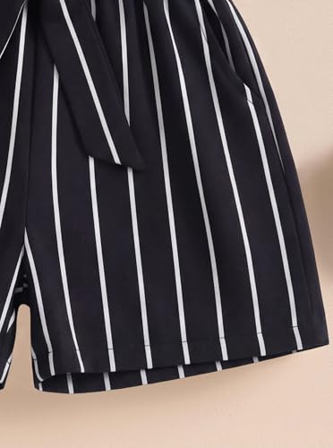Image of Girls 2 Piece Outfits Summer Ruffle Sleeve Top and High Waisted Striped Shorts Set for Girls 7-14
