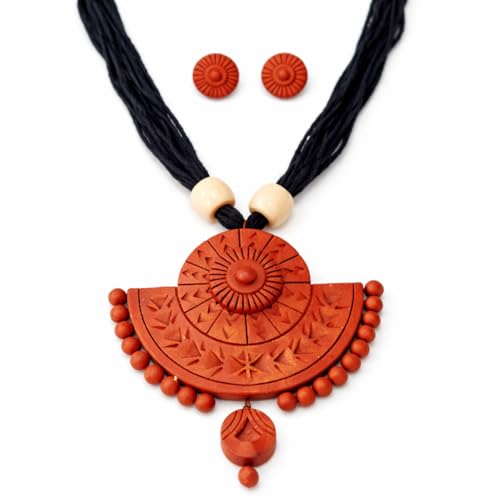 Terracotta Jewelry Set with Necklace and Earrings, rust, Black Th...