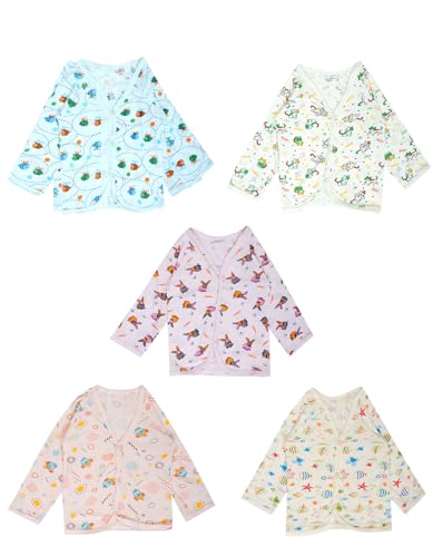 Breezeway New Born Baby Boys & Baby Girls Top set full sleeve, Hosiery soft cotton material Front button type, Rich printed casual cotton Dress (0-6 month) (Pack of 5)