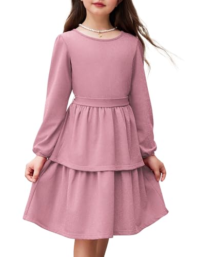 Arshiner Mädchen Kleider Glitzer Kinder Festliche Langarmkleid Elegant Rundhals Partykleid A-Linie Winter Herbst Freizeit Kleid für Mädchen 13-14 Jahre Violett