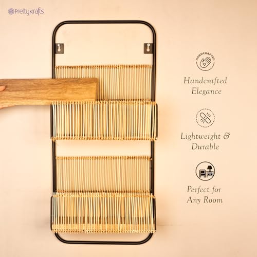 Image of PrettyKrafts 2 Tier Rattan Wall Shelf Storage Basket | Bathroom & Kitchen Organizer | Over-The-Door Natural Hanging Rack | Home Organization Storage Bins & Baskets | Size 30.48x10.16x66.04 Inch