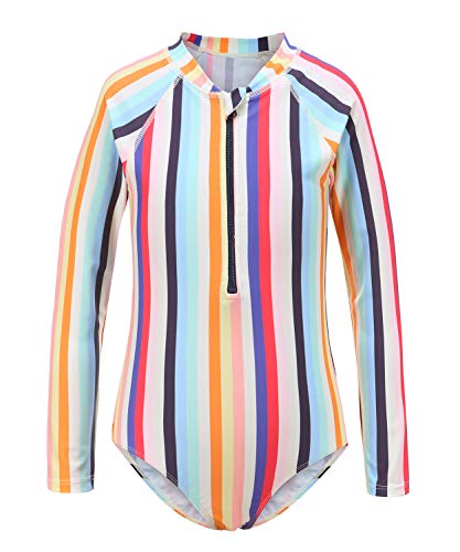 Image of Girls Rash Guard Long Sleeve One Piece Swimsuits Stripes Zipper Bathing Suits UPF 50+ /Sun Protection