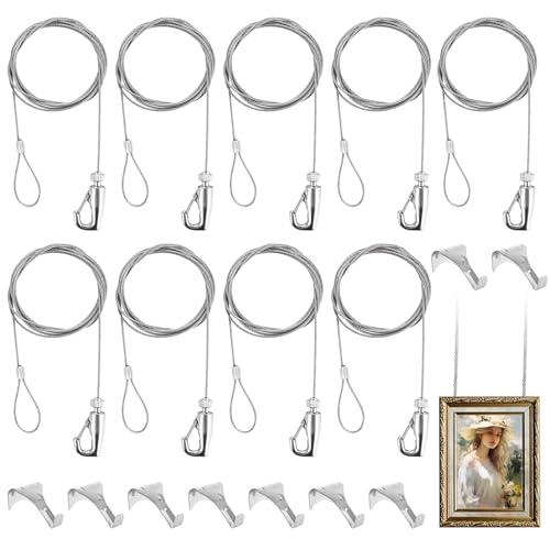 Image of Acrux7 9 PCS Picture Wire Hanging Kit, 6.6 Ft Stainless Steel Rope with Pictures Rail Hooks, Adjustable Picture Rail Hanging System for Pictures, Billboards, Basket, Flowerpot, Max Load 66LBS