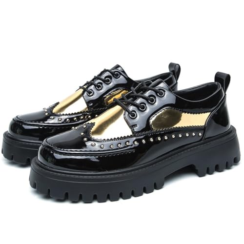 Mens Patent Leather Platform Dress Shoes Classic Round Toe Thick Lug Sole Lace Up Oxfords Comfort Block Heel Derby Business Casual Shoes (Black Gold 10)