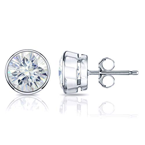 14k Gold Round Moissanite Stud Earrings (1 to 7ct TGW, J-K) Bezel-set, Push-Back by Diamond Wish
