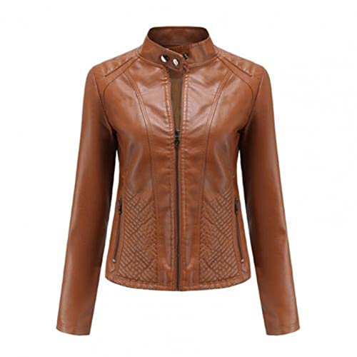 O cuello Con Cremallera Bolsillos For Mujer Chaqueta De Piel De Cuero De Imitación Collar De Color Sólido Chaqueta De Color Sólido Ropa Exterior (Color : Camel, Size : Large)