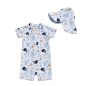 Toddler Boys Rash Guard Swimsuit Sea World Animal Print Zipper Short Sleeve Bathing Suit with Swim Cap for Kids