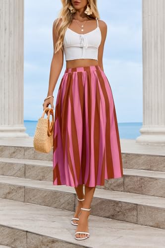 Image of Cicy Bell Womens Summer Striped Maxi Skirts A-Line Beach Vacation Outfits | Elastic Waist, Side Pockets, Flowy, Midi Length, Color Contrast, Trendy Casual