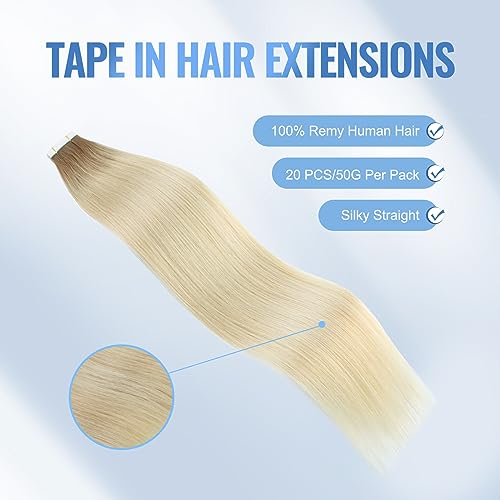 Image of Sixstarhair Invisible Tape In Hair Extensions Real Human Hair Rooted Blonde with Medium Brown Fading to Platinum Blonde Remy Hair Extensions for Women 20 Pieces 50g [Color #R6-60 20 inch]