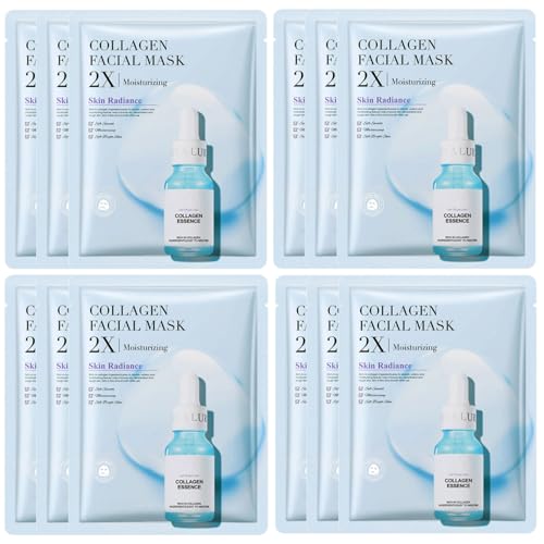 JORUN 12 Stück Collagen Gesichtsmaske Frauen Set - Koreanische Tuchmasken Gesicht Feuchtigkeitsspendend,Anti-Aging,Aufhellend Face Mask Skincare - für Alle Hauttypen Vegan Tuchmaske