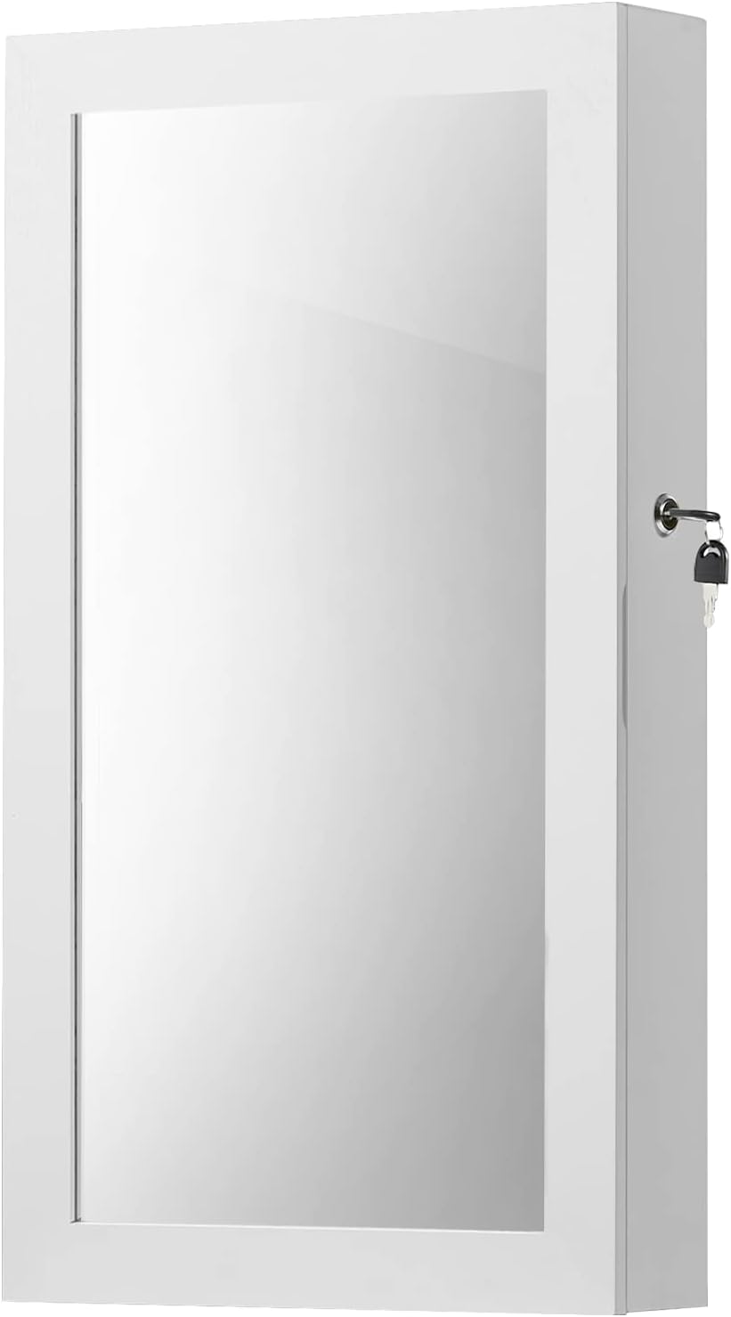 SONGMICS White Mirrored Lockable Jewellery Cabinet, Wall Mount Jewellery Organiser, Gift Idea JBC51W