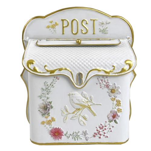 Vintage English Cottage Flower and Bird Pattern Decorative Wall Mounted Mailbox, Exterior Vintage Metal Door Mailbox(Red)