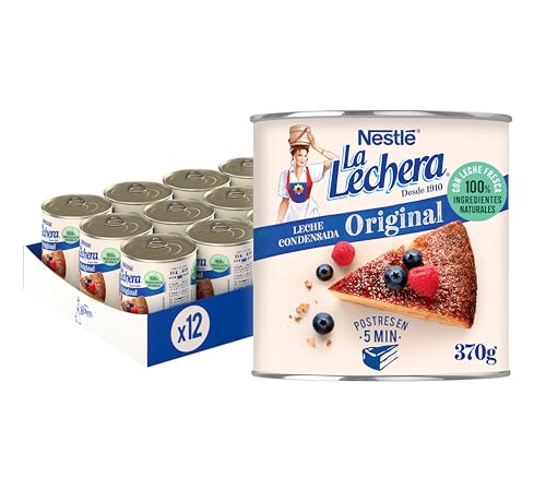 La Lechera Lata de leche condensada entera con abre fácil, 370 g (Paquete de 12)