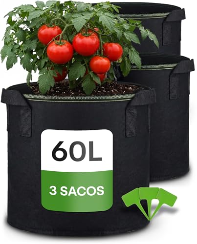 Praknu Bolsa de Cultivo para Plantas 60L - 3 Bolsas Grandes de Tela no Tejida con Asas y Etiquetas - Maceta Geotextil para Patatas y Vegetales