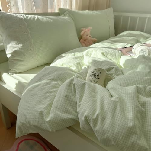 Image of VM VOUGEMARKET Green Gingham Grid Duvet Cover Queen 3 Pieces White Lace Duvet Cover with 2 Pillowcases Green Plaid Comforter Cover Romantic Cozy Bedding Set for Girls