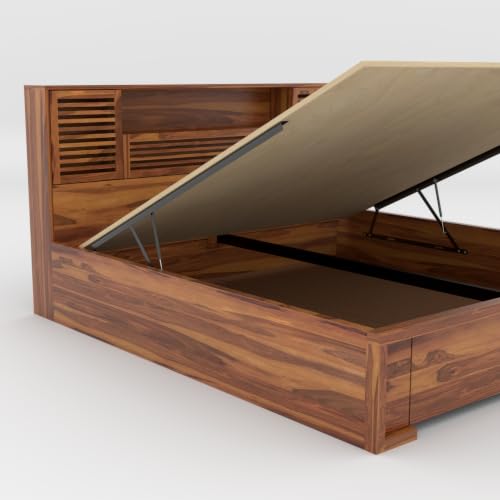 Image of Kunjal Furniture Sheesham Wood Solid Double Bed with Hydraulic Storage & Cushioned Headboard for Bedroom (Flyding Natural, King)
