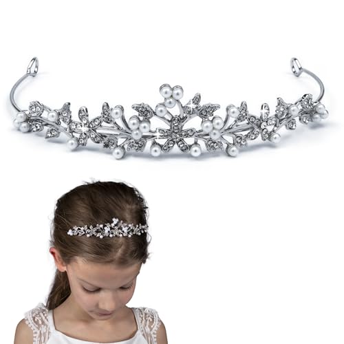 Needzo First Communion Tiara, Faux Rhinestone and Pearl Details, Elegant Crown Headpiece for Girls, 5.5 Inches