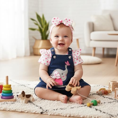 Image of Baby Girl Clothes Newborn Ruffle Romper Elephant Jeans Skirt 0-18M | Soft Romper, Adjustable Jean Skirt with Headband Elephant Butterfly Design, Snap Closure, Everyday Wear