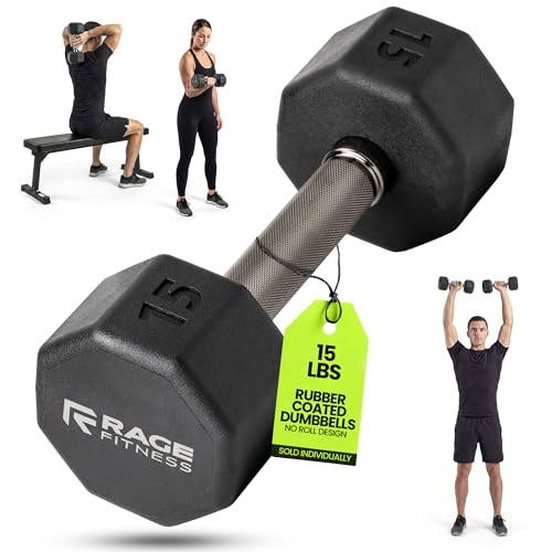 Rage Fitness Rubber Coated Dumbbell - No Roll Design Easy-Grip Steel Knurled Handle Weights Dumbbells Set for Strength Training - Ideal Weights Set for Home Gym - 10-60 LBS SOLD INDIVIDUALLY