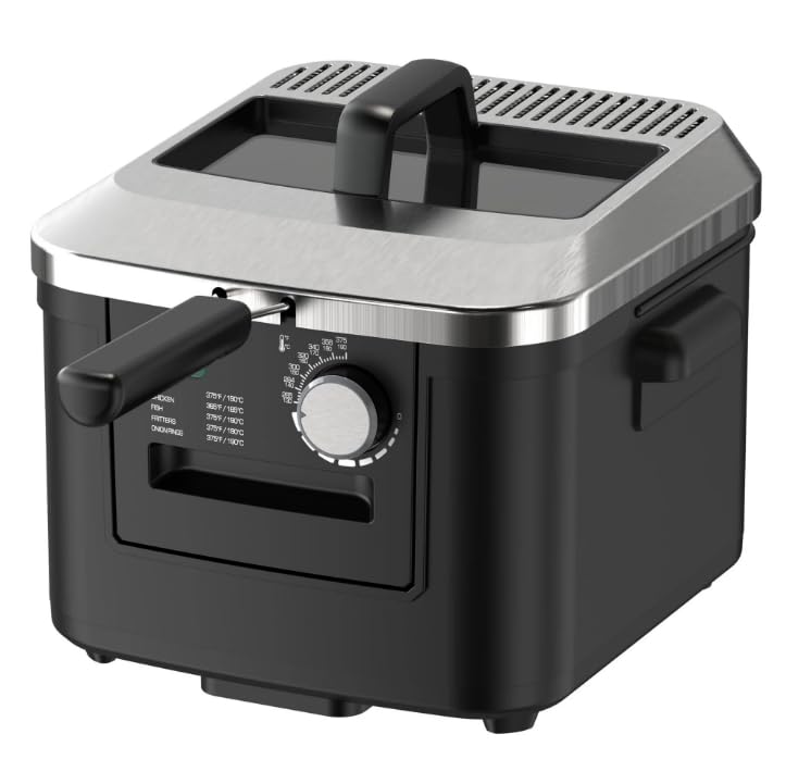 4L Electric Deep Fryer, Matte Black, Stainless Lid, 1800W, Adjustable Temperature Control