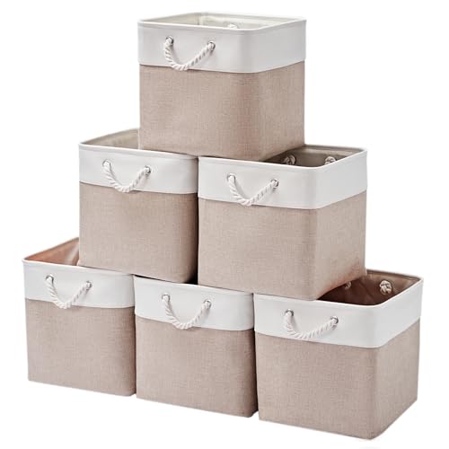 Image of ISEMINGLA 13 x 13 Inch Storage Cubes，6 Pack Cube Storage Bins for Shelves，Fabric Collapsible Storage Bins with Handles, Foldable Storage Basket for Organizing Clothes, Toys, Books (White&Beige)