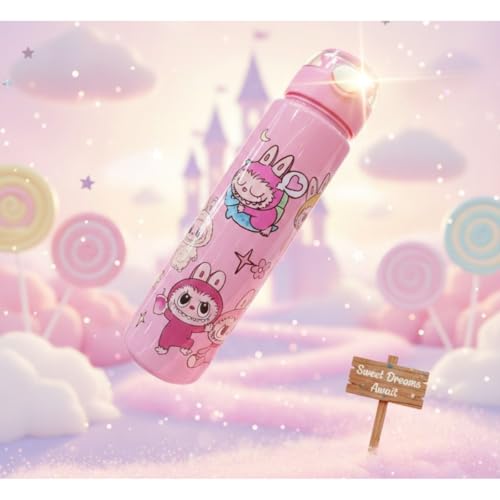 Image of Cartoon Printed Plastic Water Bottle for Kids Leak Proof Flip Cap Sipper Bottle with Strap School Drinking Bottle for Boys Girls Travel Office Use 900 ML (Pink)