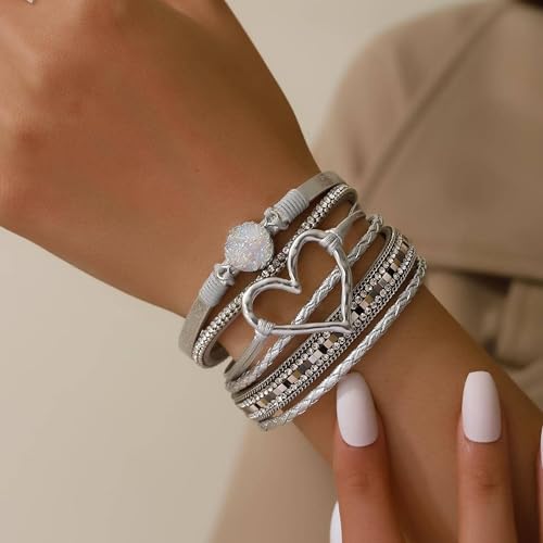 Long tiantian Heart Leather Wrap Bracelets for Women Handmade Stackable Boho Cuff Bangles Bracelet Trendy Birthday for Her2