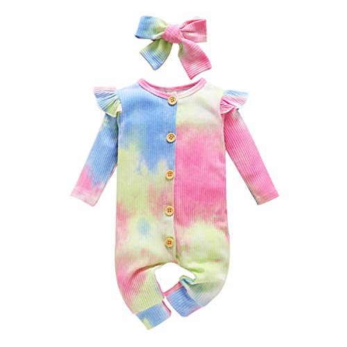 Tie Dye Pajamas for Kids Baby Hippie Clothes Girl Boy Newborn Coming Home Outfit Footless Romper Jumpsuit Ruffle Long Sleeve Bodysuits Sleepwear Nightwear Headband Set - Blue + Pink 0-6 Months