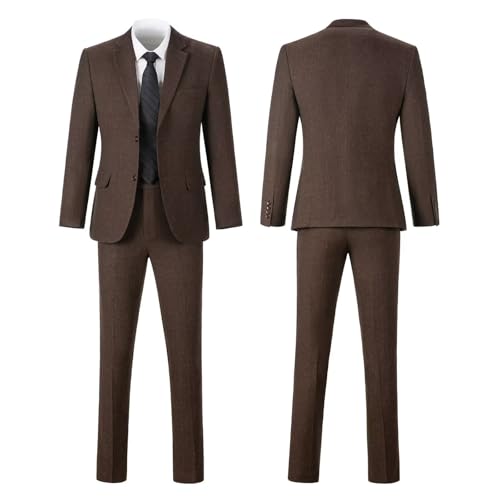 Herringbone Retro Tweed 3 Pieces Suits for Men Prom Suit Set Classic Tuxedo Mens Suits Slim Fit Formal Autumn Winter Jacket Pants Set Dark Brown 3XL 6