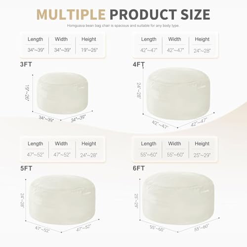 Homguava 3FT Bean Bag Chair: 3' Bean Bags with Memory Foam Filled, Large Beanbag Chairs Soft Sofa with Dutch Velet Cover-Beige