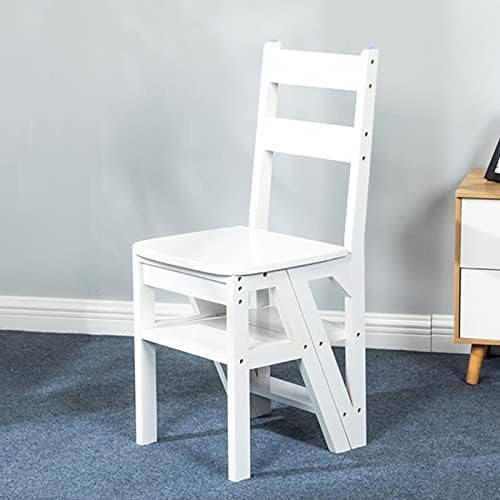 Wooden Step Ladder Chair, Folding 4 Step Stool for Kitchen and Office, Conversion Library Step Bookshelf, 200kg Capacity