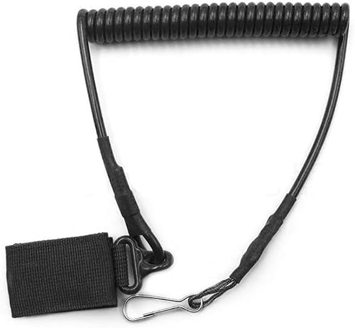 Multifunctional Tactical Lanyard Spring, Black, Polymer, Coiled Safety Cord with Wrist Strap and Carabiner Clip