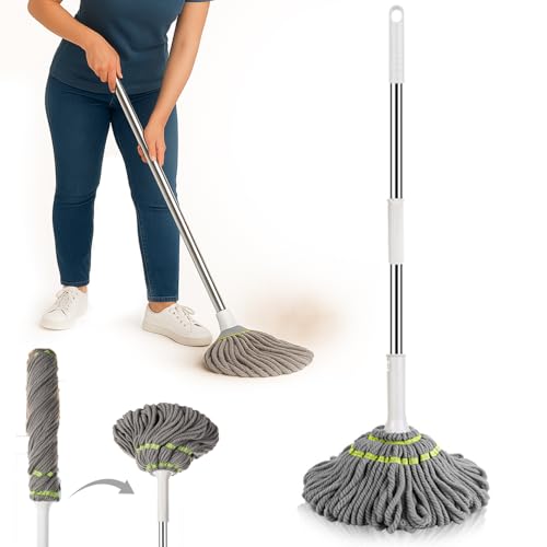 AMERTEER Self Wringing Mop Microfiber Twist Mop For Floor Cleaning - String Wet Floor Mops With Wringer Long Handled For Hardwood Vinyl Tile Commercial Household Clean Safe On All Floors Types