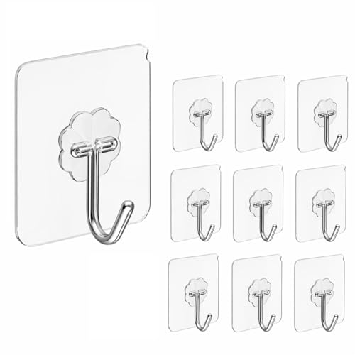Image of CERLINK Self Adhesive Wall Hooks 10 Pack | Heavy Duty Transparent Sticky Hooks for Wall | No Drill, Waterproof, Strong Hold Hooks for Kitchen, Bathroom & Home (Pack of 10)