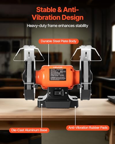 Image of VEVOR Bench Grinder, 8-inch Single Speed Bench Grinder, 3450RPM High-Speed Table Grinders with 350W 3.0A Induction Motor, 36 /60-Grit Grinding Wheel & Adjustable Eye Shield for Fast Sharpening Grinding