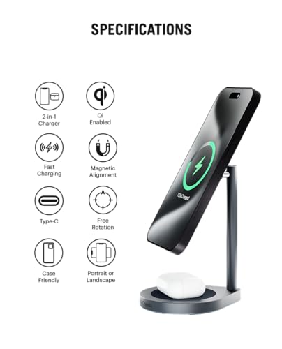 Image of DailyObjects Surge Max 2-in-1 Magnetic Wireless Charging Station - 18W | Compatible with iPhone 12 and Above & All Qi Enabled Smartphones, Earbuds| Fast Charging | USB Type C Port - Grey
