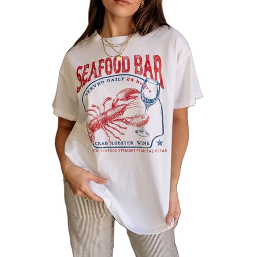 Women Cute Graphic Oversized Tees Fish Lobster Sea Floral Fruit Printed Y2K Baggy T Shirts Teen Girls Preppy Coastal Clothes Vintage Aesthetic Free People Dup ES Clothes White Lobster Seafood