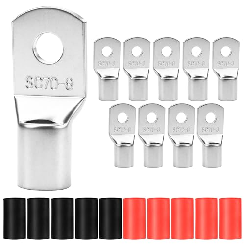 10Pcs 2/0 AWG-5/16 ″ (M8) Battery Lugs, SC70-8 (70mm+8mm) Tinned Copper Wire Lugs, Ring Terminals, Heavy Duty 0 Guage Battery Cable Ends, Battery Terminal Connectors with 10Pcs 3:1 Heat Shrink Tubing